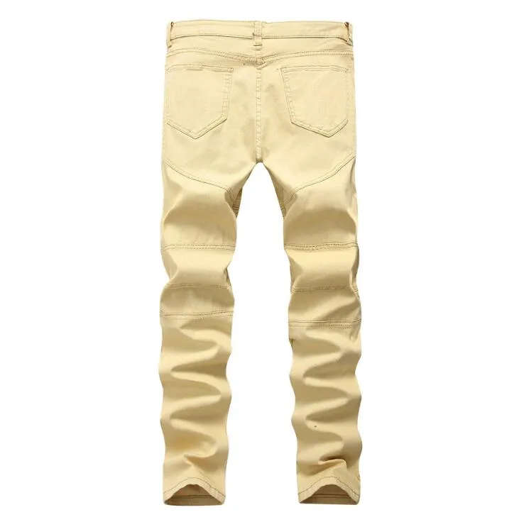 Jeans pour hommes Top qualité Kaki Biker Jeans Conception plissée Hommes Skinny Slim Stretch Denim Pantalon Nouvelle Arrivée Hip-Hop Street Ripp3256