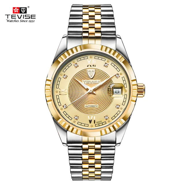 TEVISE Fashion Automatic Men Watch Luminous Mechanical Watches Gold Dial Skeleton Men Watches Business Men's Wristwatches 229n