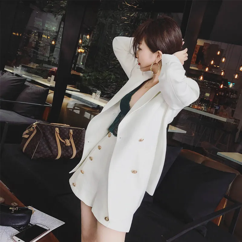 Elegant Office Lady Short Suit Set Women 2 Piece Set White Color Jacket Blazer + High midje Mini Pant Suits Female Tracksuit V191021