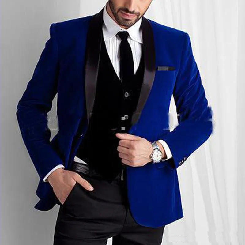 Azul Royal Três Peças Ternos Dos Homens Slim Fit Noivos de Casamento Smoking Xale Lapela Formal Blazer Um Botão Prom Terno (Jacket + Pants + Vest)