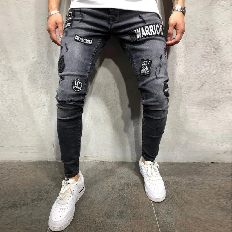 2019 Men's Stretchy Ripped Skinny Biker Jeans Destroyed Slim Fit Denim Pants Mens Elastic Waist Harem Pants Men Jeans