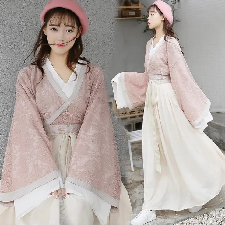 Lace large sleeve shirt large sleeve middle Dress Embroidery half skirt Wei Jin style Hanfu improved Han element casual soft girl suit