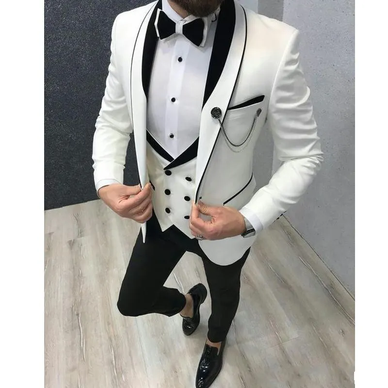 Abiti da uomo di alta qualità con un bottone avorio da sposa scialle bavero tre pezzi smoking da sposo (giacca + pantaloni + gilet + cravatta) W1081