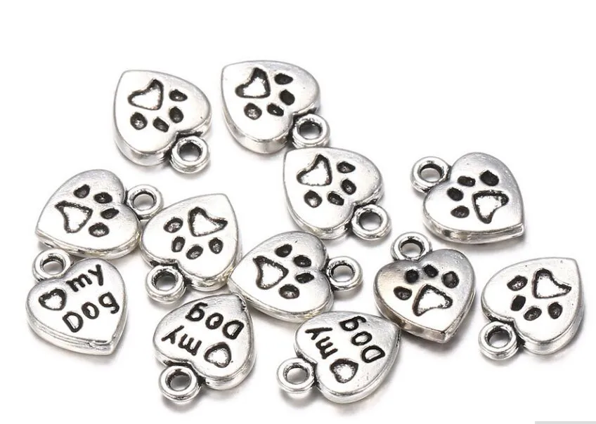 300pcs/الكثير من سحر الفضة التبتية العتيقة أحب كلاب سحر القلب المعلقات 13x10mm لتصنيع مجوهرات قلادة DIY