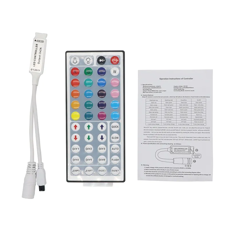 Télécommande LED IR RGB 44 Touches Pour Bandeaux LED SMD 3528/5050 - Compatible 12V 6A, Contrôle Couleur Et Effets