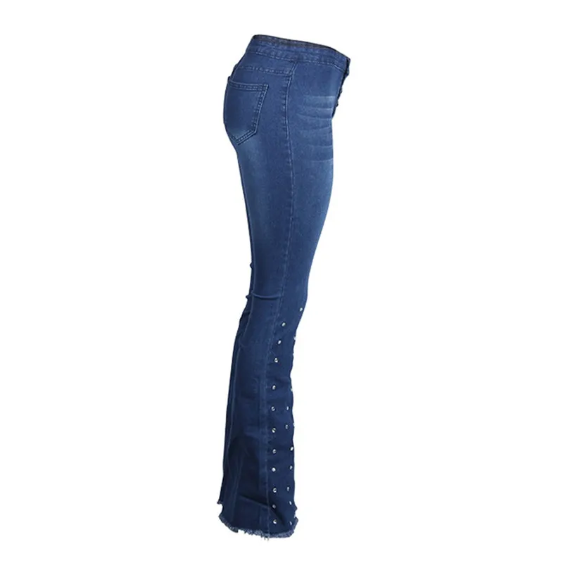 Women's High Waist Jeans Button Tassel Pants Trousers Bell-bottom Pants