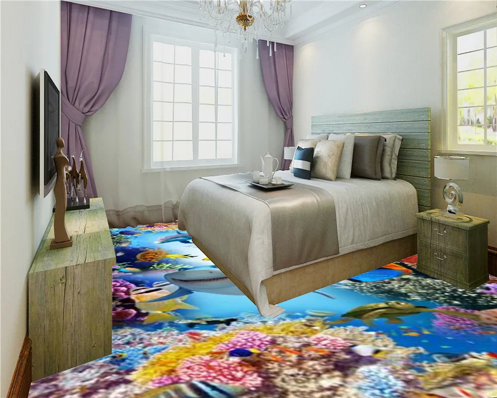 Self-Adhesive 3d Floor Wallpaper Ferocious Shark And Dolphin Color Coral Home Custom Decoration Living Room Bedroom