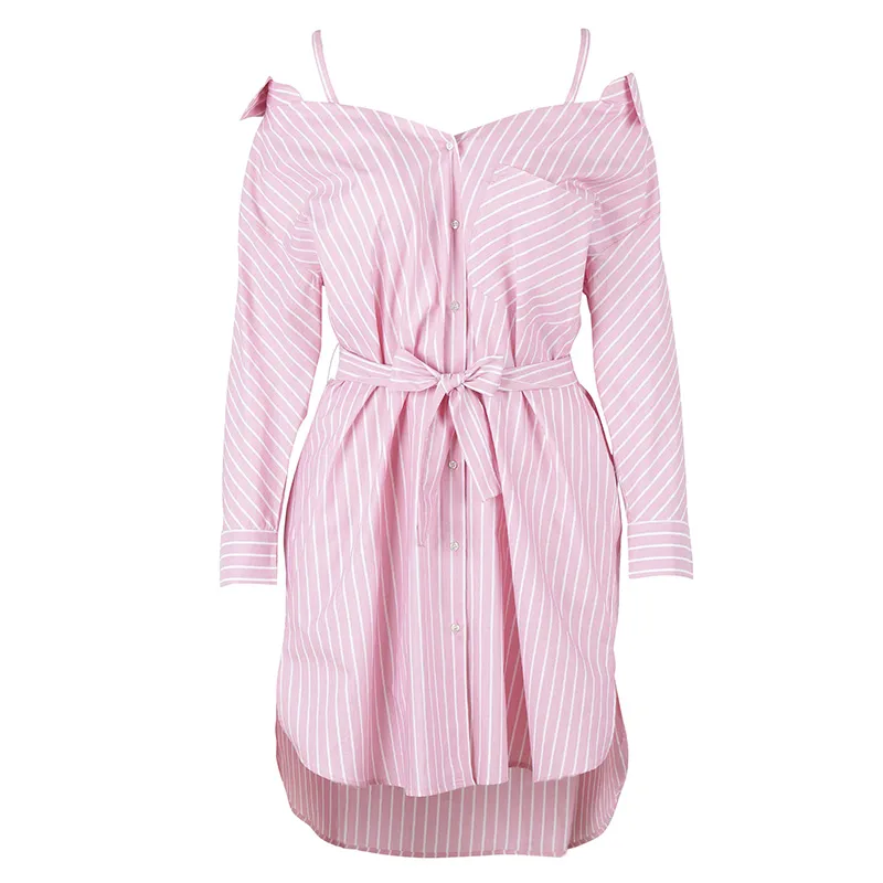 2019 automne automne rose hors épaule col en V rayé coton imprimé ceinturé lambrissé genou-longueur robe femmes robes de mode O1021219M