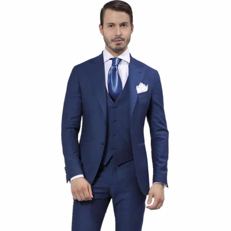 3 piezas de trajes para hombre Diseño de moda azul marino Boda novio TUXEDOS Slim Men traje vestido de fiesta estilo de la mañana (chaqueta + pantalones + chaleco + corbata)