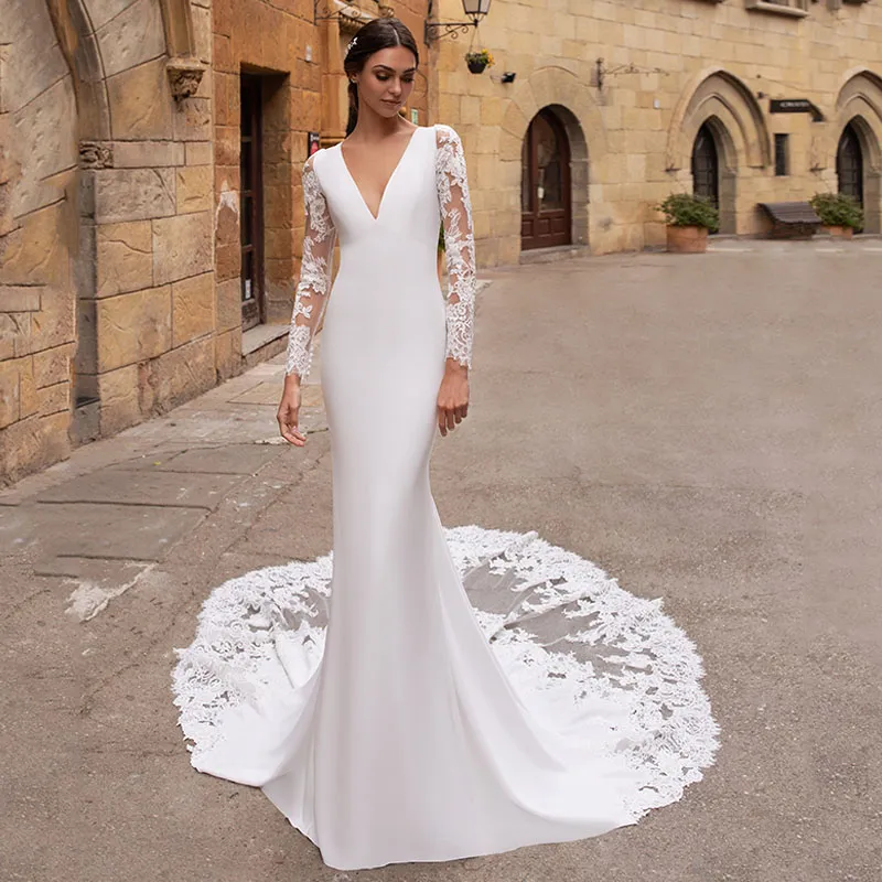 2023 Abito da sposa a maniche lunghe a sirena con scollo a V in pizzo Appliques Abiti da sposa Abiti da sposa senza schienale Turchia Vestido de noiva