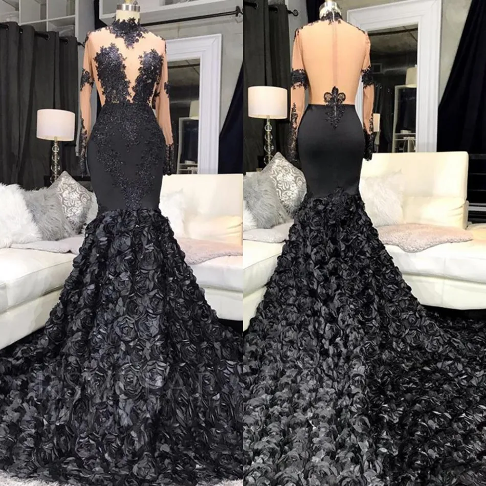 Sexy Black Mermaid Long Prom Jurken 2020 See Through Top Applicaties 3D Bloemen Lange Mouw Afrikaanse Meisje Prom Dresses