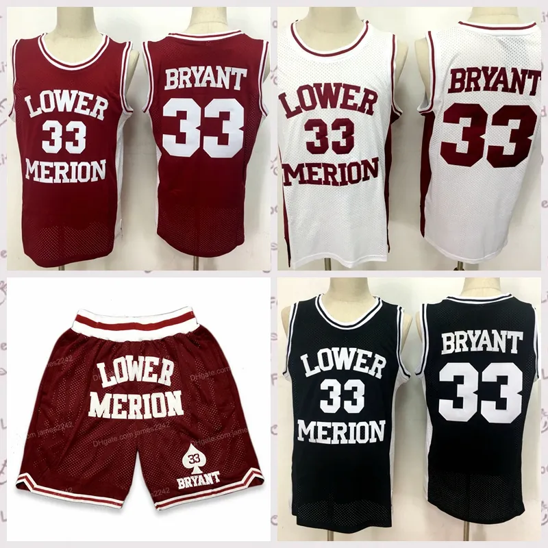 Män 33 Bryant Lower Merion High School Basketball Shorts Pants Jersey Set All Stitched White Black Red