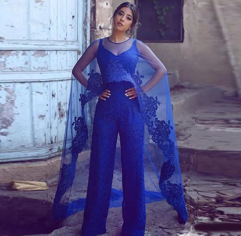 Royal Blue Lace Jumpsuit Evening Dresses with Wrap Lace Appliques Beads Pant Suits Vestidos De Fiesta Formal Prom Party Gowns