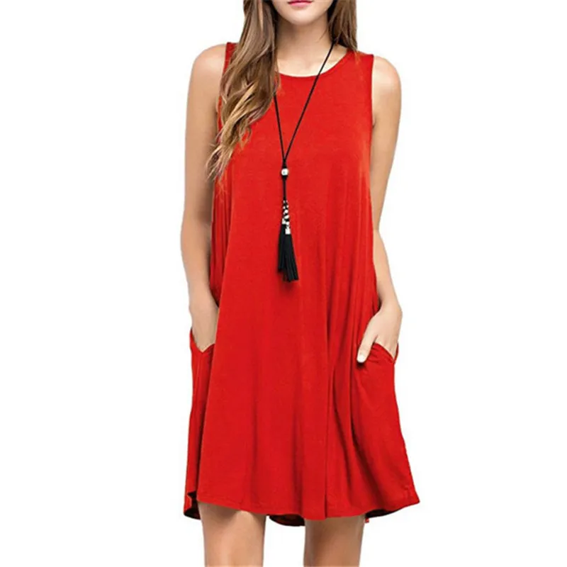 Sommar Casual Kvinnor Fickor BomullT-tröja Ärmlös Ny Lös Solid Tank Klänning O-Neck Plus Size Women Mini Dress Vestidos