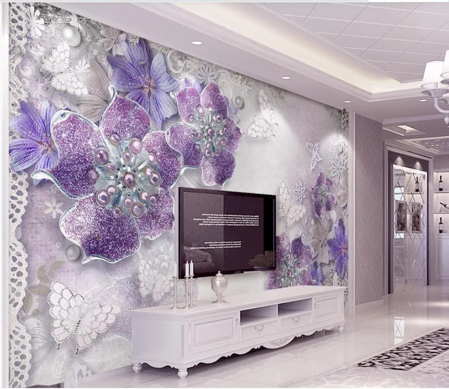 European 3d stereo purple flower wallpappers TV background wall beautiful scenery wallpapers