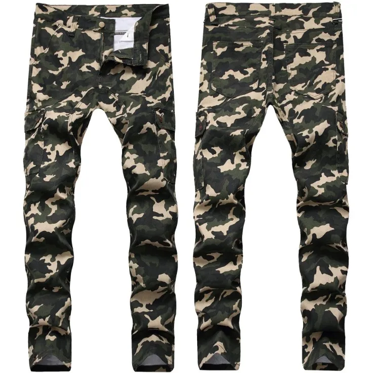 Jeans för män med flera fickor Kamouflagebyxor Stretch Slim Tide Army Green Fashion