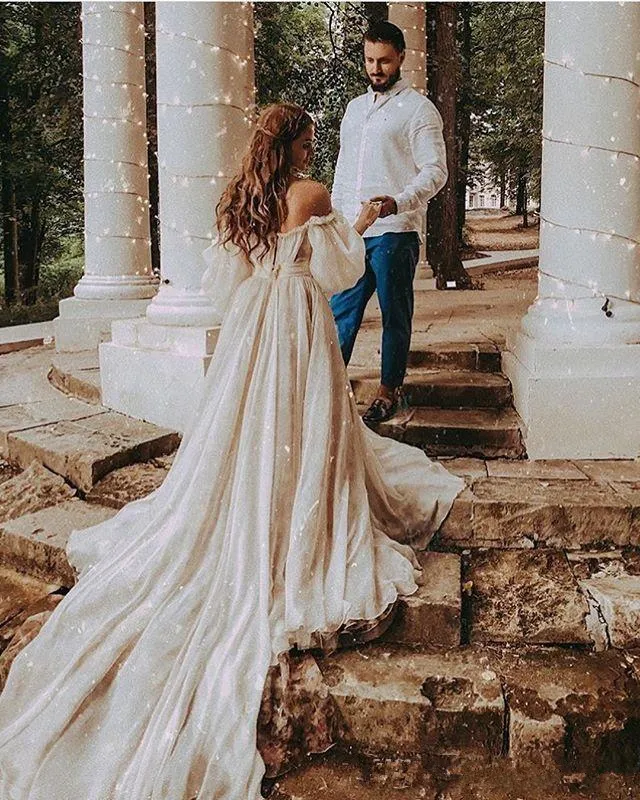 Beach Bohemian Wedding Dress Sexy Off Shoulder Puff Sleeve Puffy