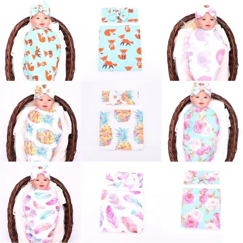 Barn bomull blommiga filtar + huvudband 2st / set spädbarn elefant ananas fjäder räv blomma tryckta swaddles baby säng set sovsäck