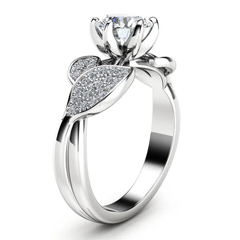 Zircão anel de prata ramo flor deixa anel de noivado para as mulheres moda jóias anéis de casamento