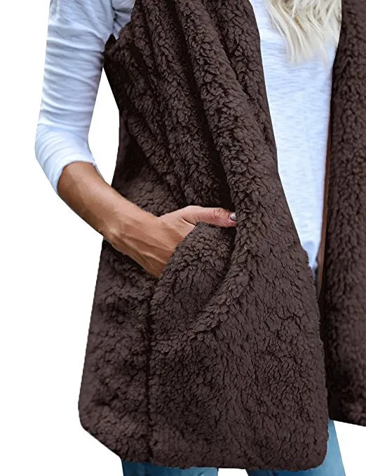 Gros-Femmes Hiver Chaud À Capuche Gilet Gilet Outwear Casual Manteau Fausse Fourrure Zip Up Sherpa Veste Chaleco Mujer