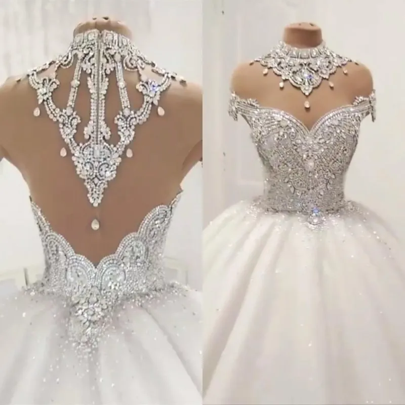 Sexy New Designer Arabic Dubai Princess Ball Gown Wedding Dresses Beads Crystals Rhinestone Court Train Bridal Gowns vestido de novia