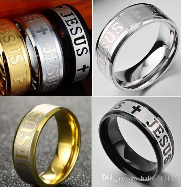 50pcs Gold Black Silver Etched JESUS Stainless Steel CROSS Rings Mens Quality Comfort fit Fashion Religious Rings Wholesale Hot Jewelry