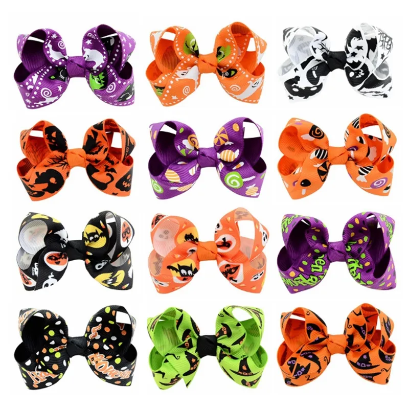 Halloween Barrettes Pumpkin Grosgrain Hairpin Ribbon Ribbed Band Bows Girl Hair Clips Hallowmas Hair Accessories 12 Designs Optional DHW4095