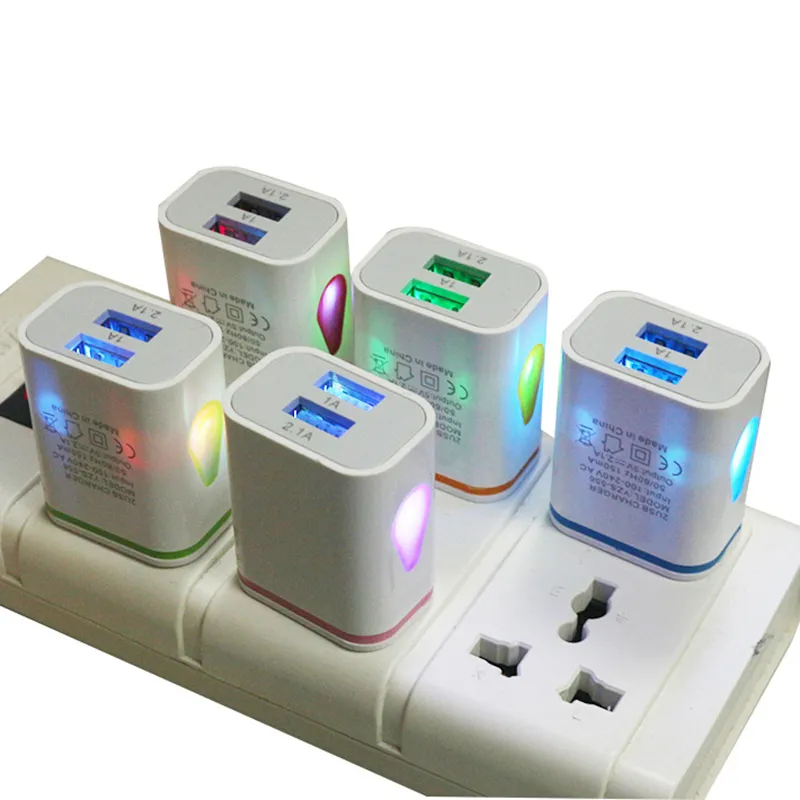 in stock 5V 2.1A Gocce d'acqua Luce a led Doppie porte USB US EU Plug Caricatore da muro CA Adattatore di alimentazione a ricarica rapida automatica per iPhone Samsung