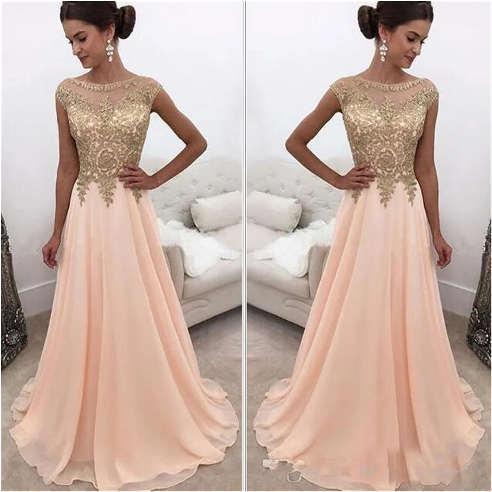 2020 Árabe Evening Vestidos A Linha Formal Wear Sheer Pescoço da colher Chiffon Longo Prom Vestidos com ouro Beads Applique