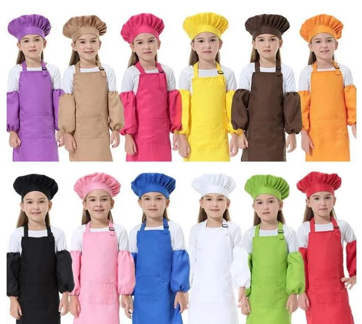 Adorable Children Kitchen Waists 12 Colors Kids Aprons with Sleeve&Chef Hats for Painting Cooking Baking Printable LOGO DHL