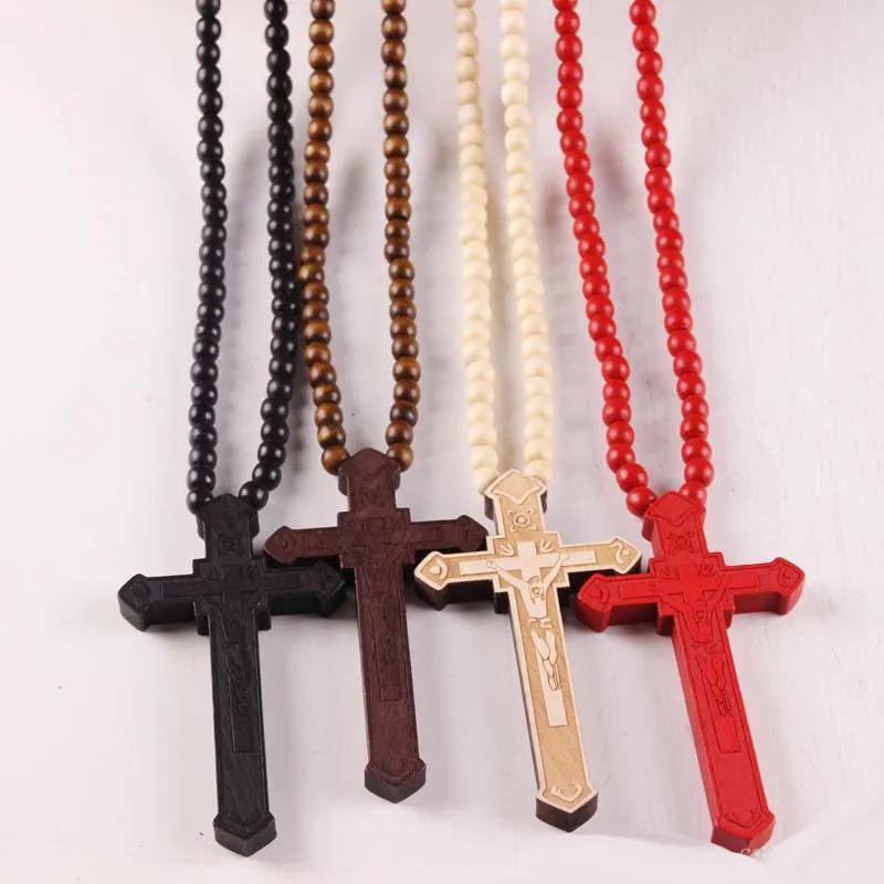 New Wooden Cross Pendant Necklaces Christian religious Wood crucifix Charm beaded chains For women Men Fashion Jewelry Gift