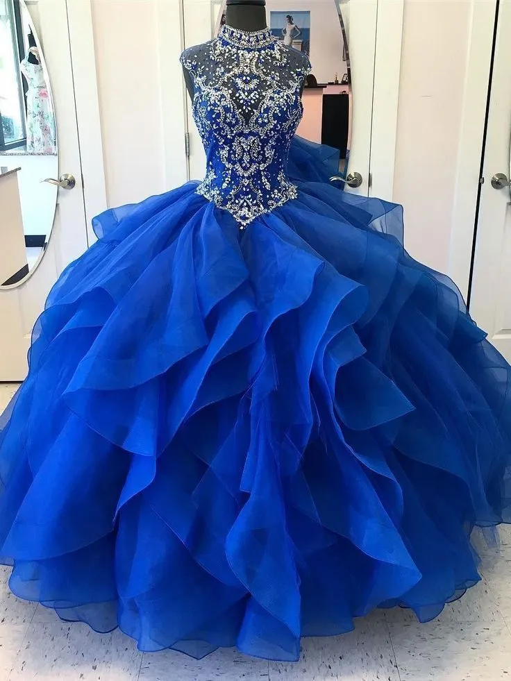 سباركلي الأزرق الرقبة العالية فساتين quinceanera 2013 أعلى مطرز حجر الراين مشد الأورجانزا الكشكشة منتفخ حفلة موسيقية ثوب bling 2018 مساء اللباس