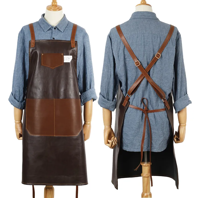 2019 modejusterbart PU -läderband Förkläde för kvinnor Män BBQ Senior Cafe Work Apron Cooking Barber Kitchen Custom Print162h