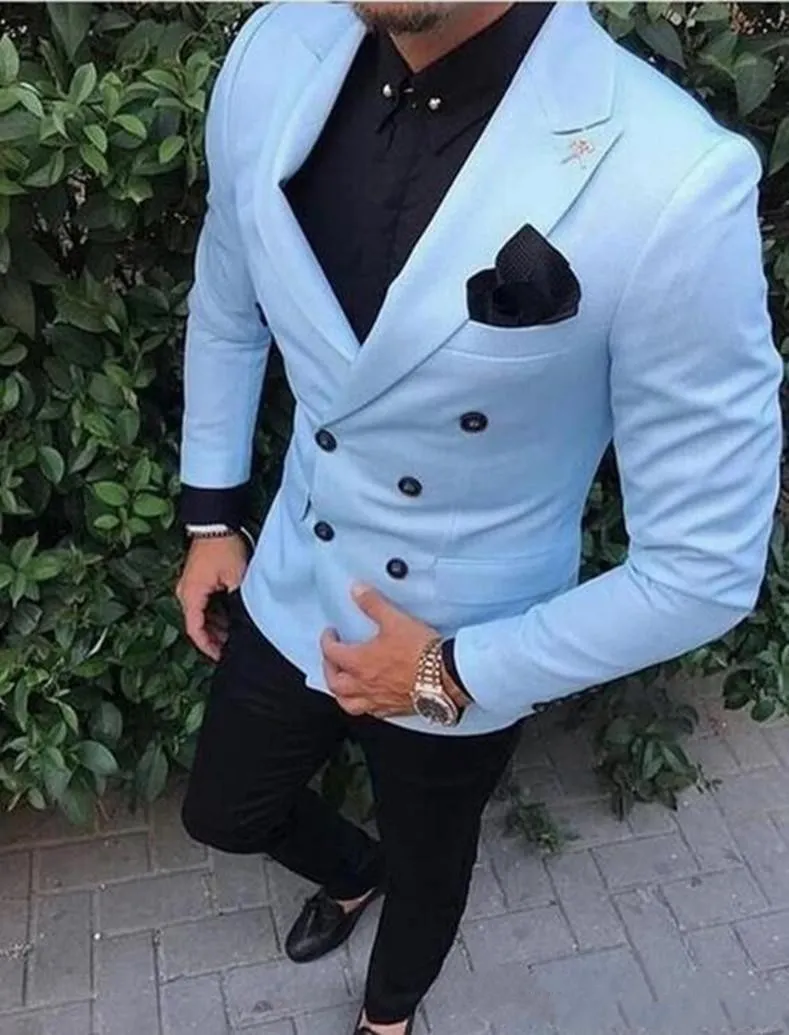 Moda Light Blue Groom Tuxedos Doskonałe dwukrotne Playmsmen Kurtka Ślubna Blazer Mężczyźni Formalny Prom / Dinner Suit (Kurtka + Spodnie + Krawat) 1206