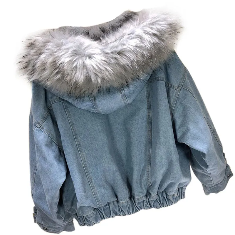 Chaqueta De Invierno Para Mujer - Mezclilla Con Forro Polar Y Cuello De Pelo Falso, Color Rosa, Abrigada