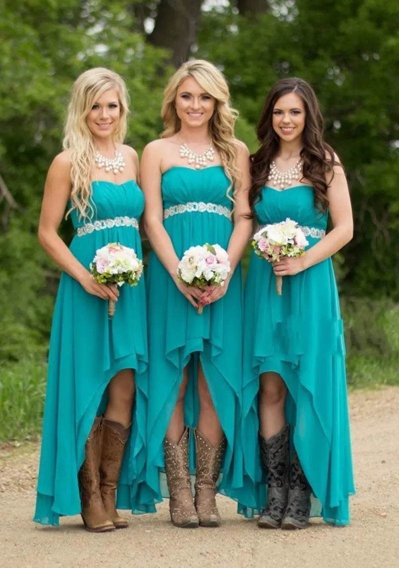 2020 Cheap Sexy Teal Country Bridesmaid Dresses A Line Sweetheart Crystal Belt Chiffon High Low Bridesmaids Dresses for Wedding Guest Gowns