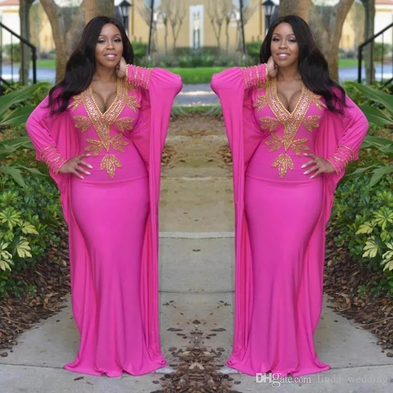 2019 Nuovo arrivo Hot Pink marocchino caftano turco maniche lunghe abito da sera modesto profondo scollo a V abito formale del partito Custom Made Plus Size