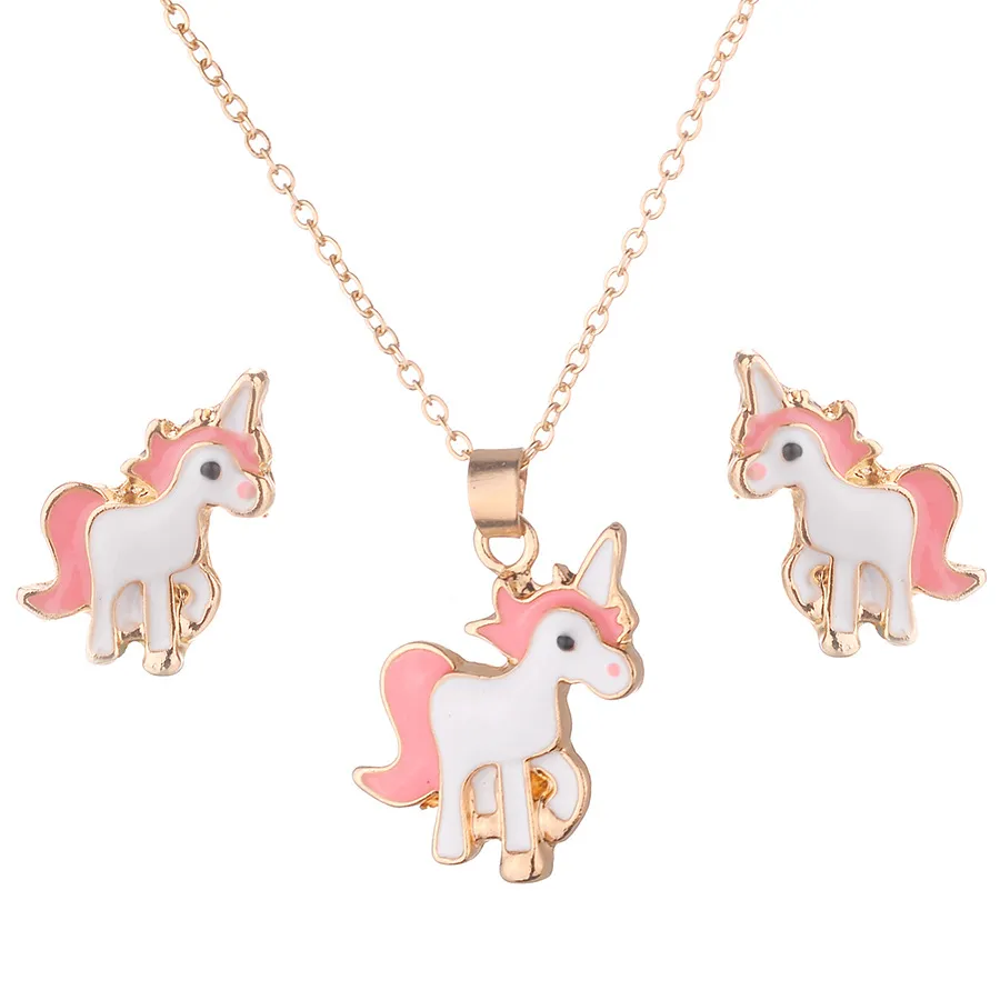 Hot new Necklace Earrings Cartoon Horse Unicorn Necklace Earring Jewelry Pink Girls Gift Jewelry WCW206