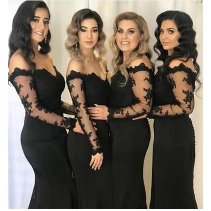 Custom Made Black Lace Dridesmaids Vestidos 2020 mangas compridas fora do ombro bainha casamento vestido de convidado dama de honra envelhecimento noite formal