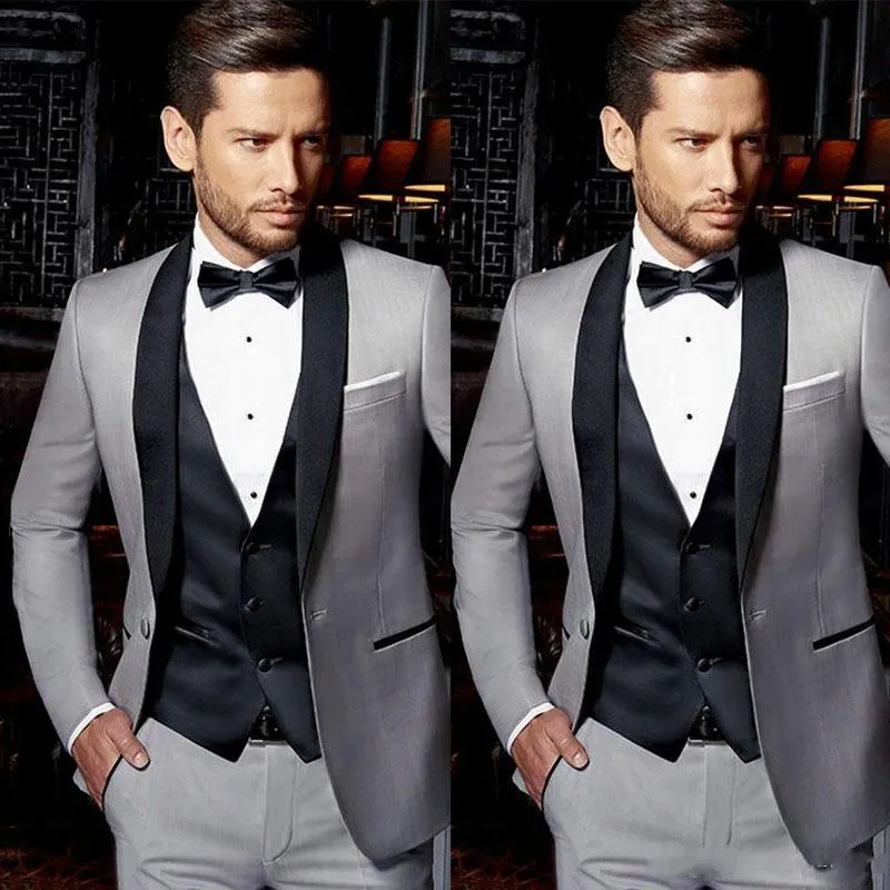 Fashion One Button Light Grey Wedding Men Suits Shawl Lapel Three Pieces Business Groom Tuxedos (Jacket+Pants+Vest+Tie) W997