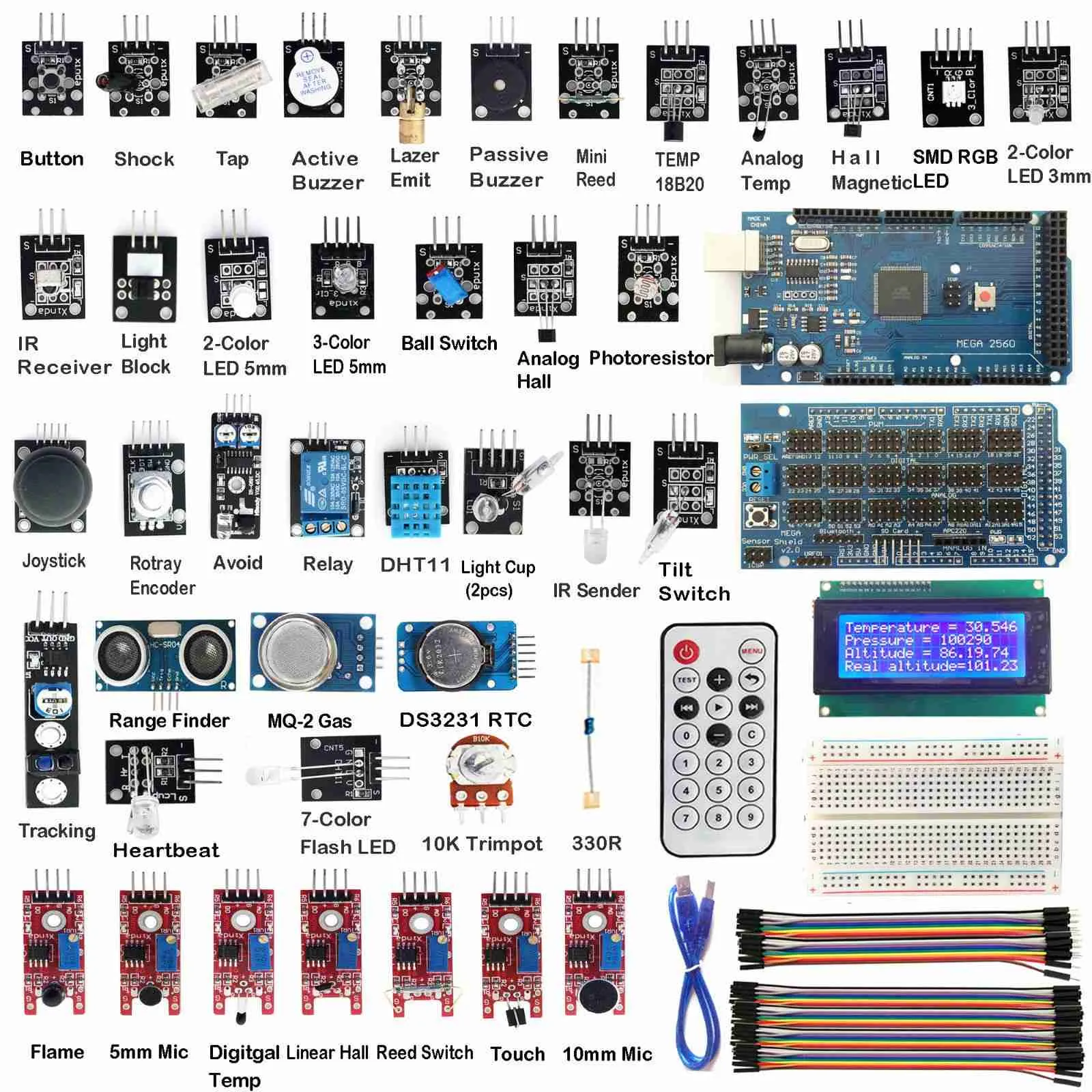 Freeshipping 40Pcs MEGA2560 R3 40 Sensor Modules Starter Kit IIC 20X4 2004 LCD Display for A rduino Sensors with Breadboard