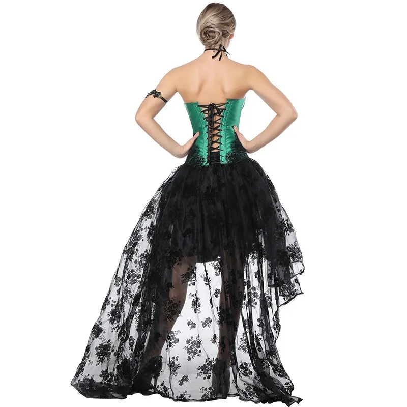 Costume da donna Halloween Costume da ciglia in pizzo overbust Top e gonna lunga hi-lo in rete floreale nera S-XXL Corsetto burlesque_voghion.com