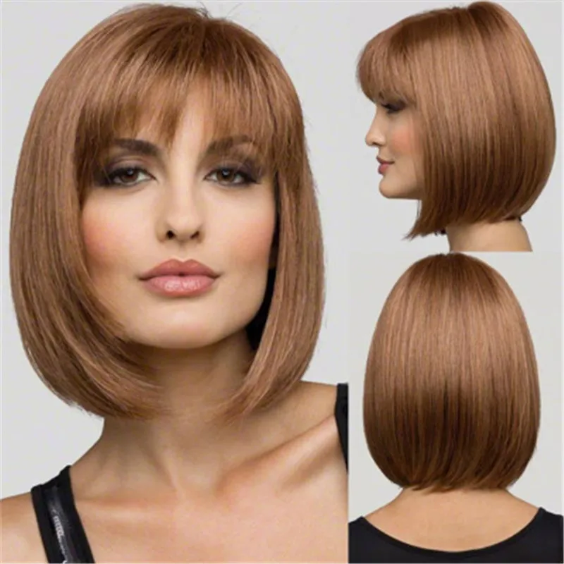 Shuwen Brown Brown Bobo Perucas Sintéticas Com Bangs Simulation Human Hair Wig Perruques de Chaveux Humanos Straight Pelucas SW-WIG-14