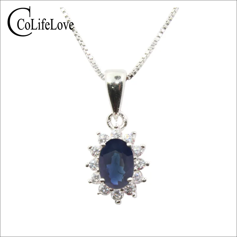 Pendentif saphir bleu foncé pour femme 4 mm * 6 mm collier saphir bleu nuit pendentif 925 bijoux de mariage saphir argent