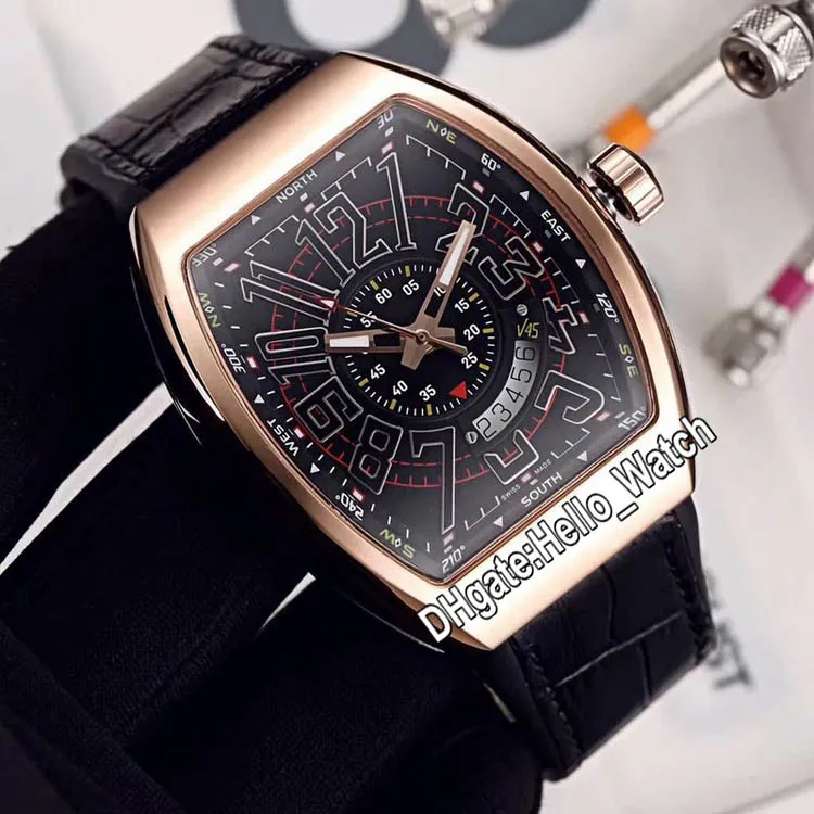 Новый Saratoge Big Date Vanguard Rose Gold Case V 45 SC DT Icon I LCK Черный циферблат автоматические мужские часы кожаные / резиновые спортивные часы Hello_Watch