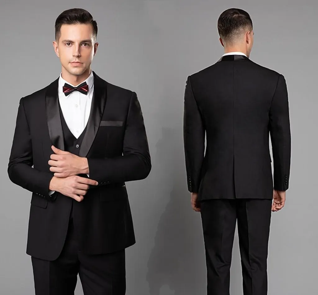 Smoking da sposa da uomo belli su misura Abiti da blazer neri Un bottone Scialle Risvolto Tre pezzi Abito da sposo da uomo (giacca + pantaloni + gilet)