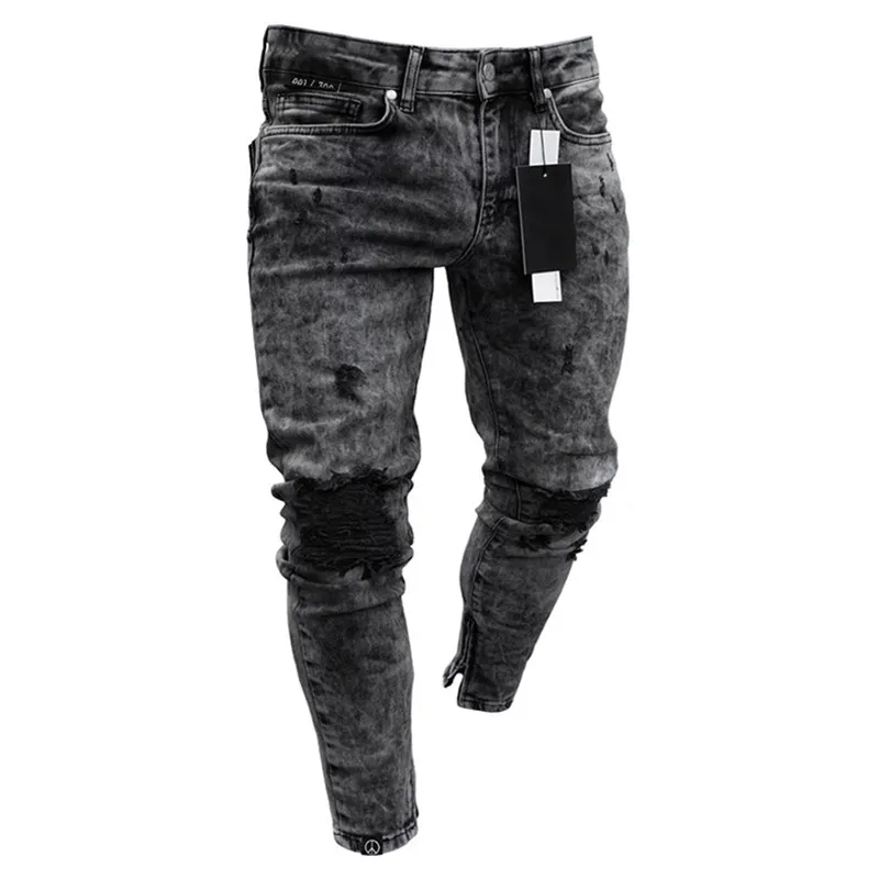 Jeans de algodão feitong homens primavera 2020 menclothes denim calças afligidas Freyed Slim Fit calças casuais esticar jeans rasgados