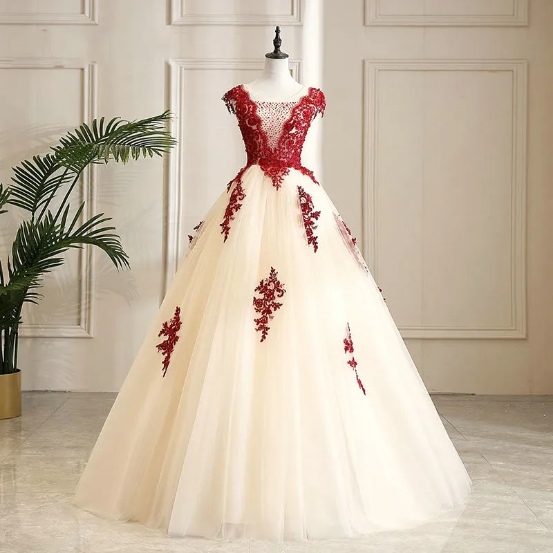 beige and red wedding dress Dark Guide: A-Line, Lace & Tulle Black Nomad Lace Column Floral Appliqué delicately adorned with scattered Size:Y/S (7/8)