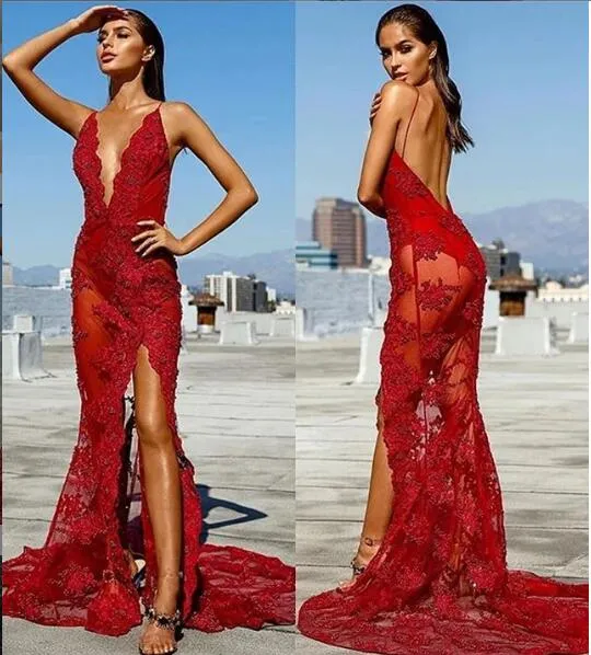 2019 Sexy Tiras de Espaguete Rendas Finas Apliques de Baile Vestidos Sem Encosto Profundo Decote Em V Dividir Frente Longa Especial Ocasião Vestidos de Festa Barato