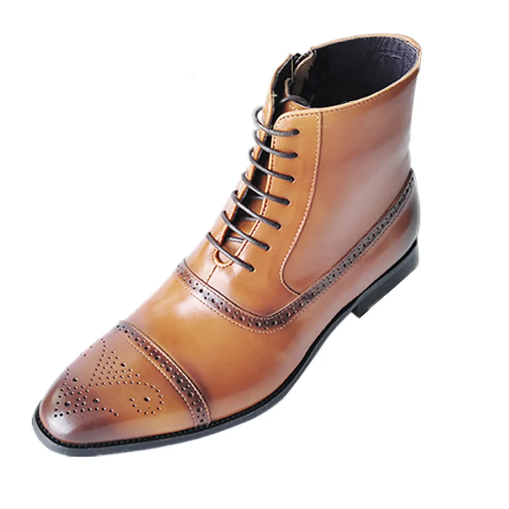 Tamaño 39-47 Brogue Tallado Botines de Cuero Hombres Otoño Estilo Británico Cremallera Lateral Limpiar El Color Botas de Vaquero Casuales Zapatos de tobillo para hombre